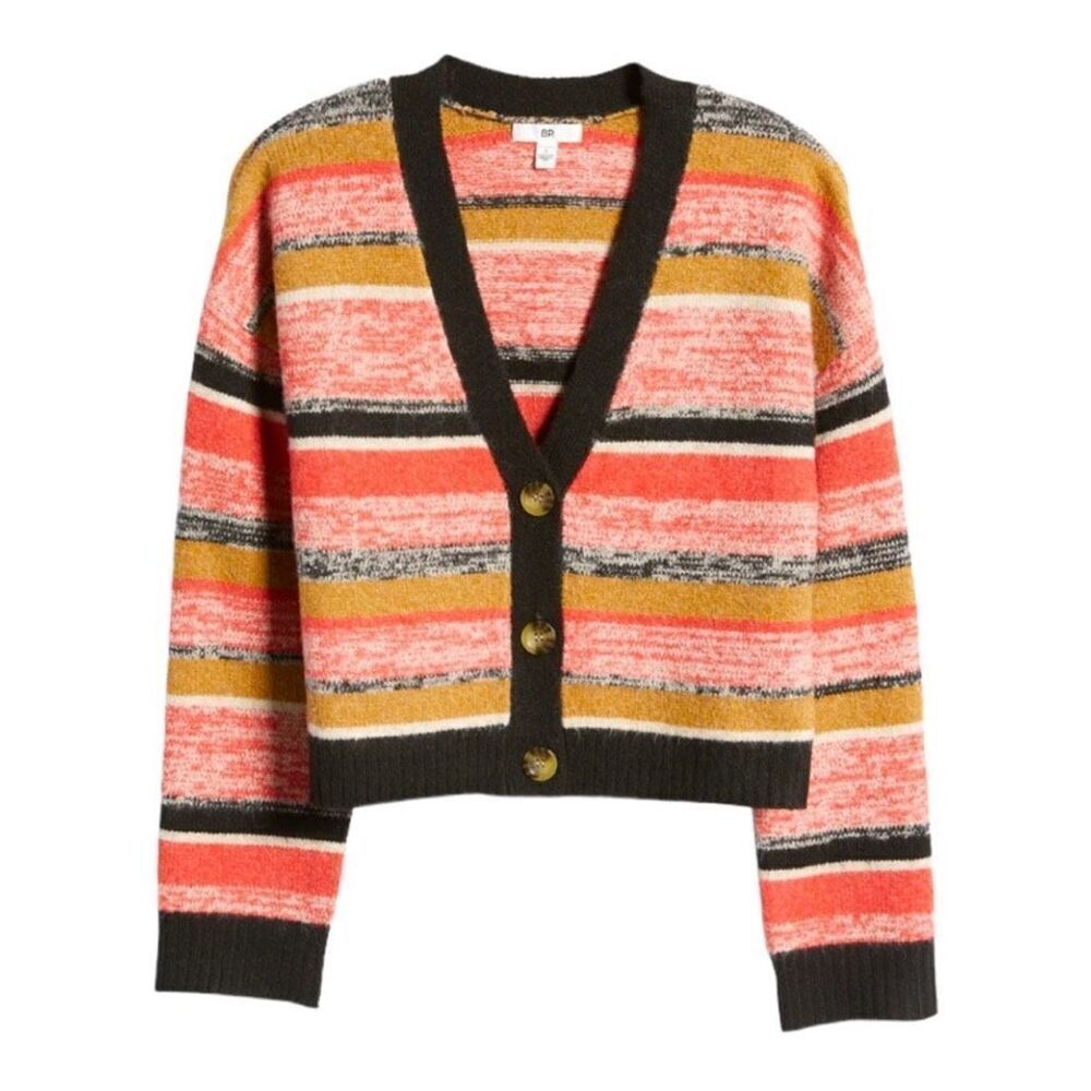 BP. Nordstrom Sz XXS Multicolor V-Neck Crop Sweater, Black Marl Stripe Cardigan